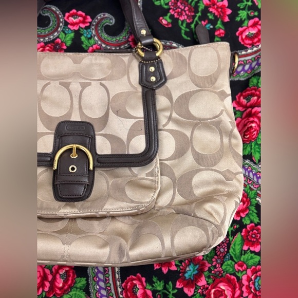 Coach Campbell Signature Handbag Large Brown Tan Sateen Purse Tote Career Preppy - Picture 6 of 15